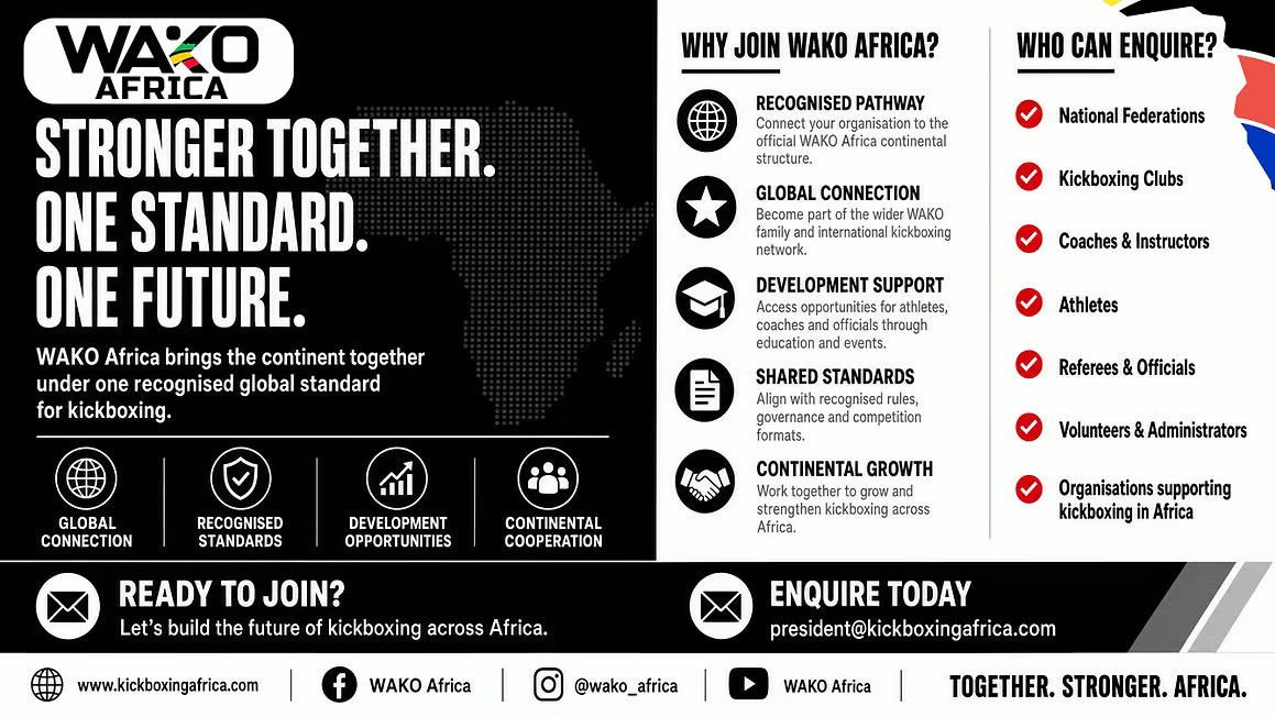 Why join WAKO Africa: recognised pathway, global connection, development support, shared standards and continental growth — open to national federations, clubs, coaches, athletes, officials and volunteers.